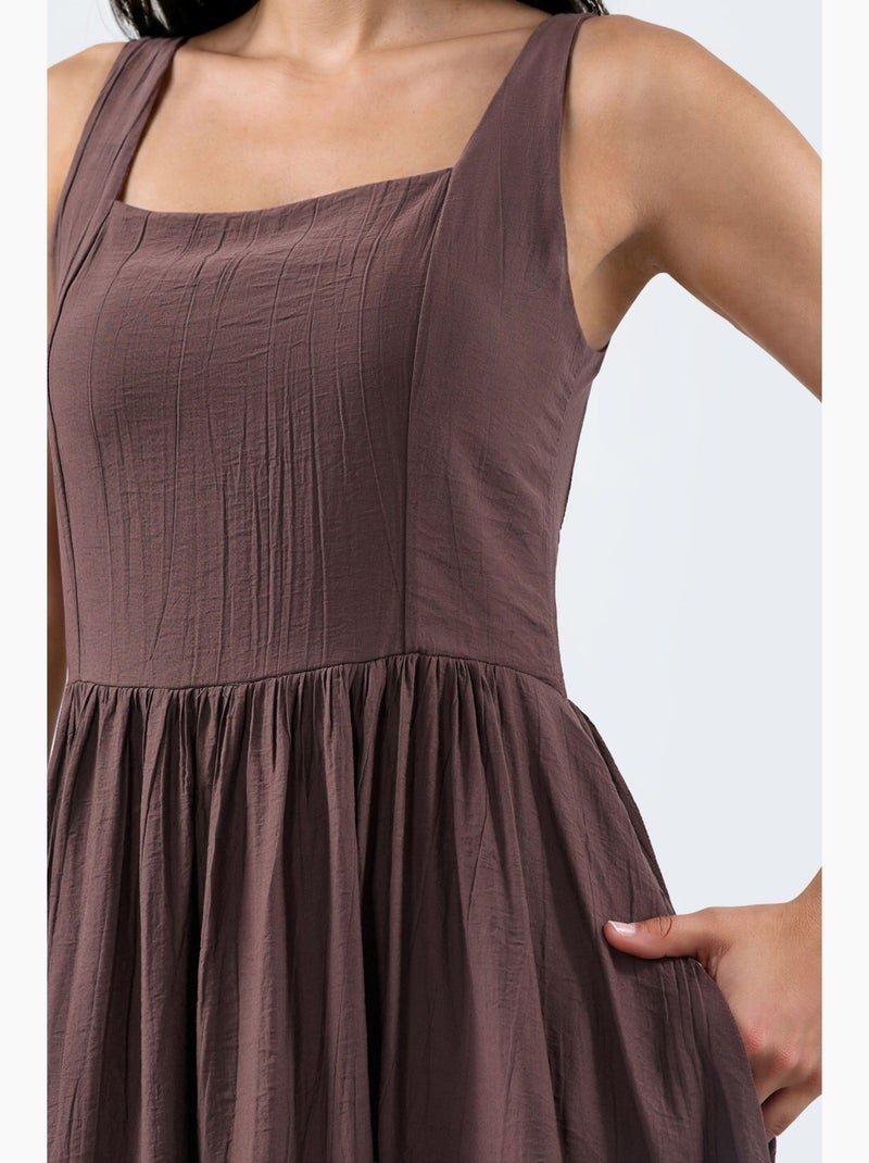 Vestido midi liso com decote quadrado busem Castanho-escuro - Kiabi