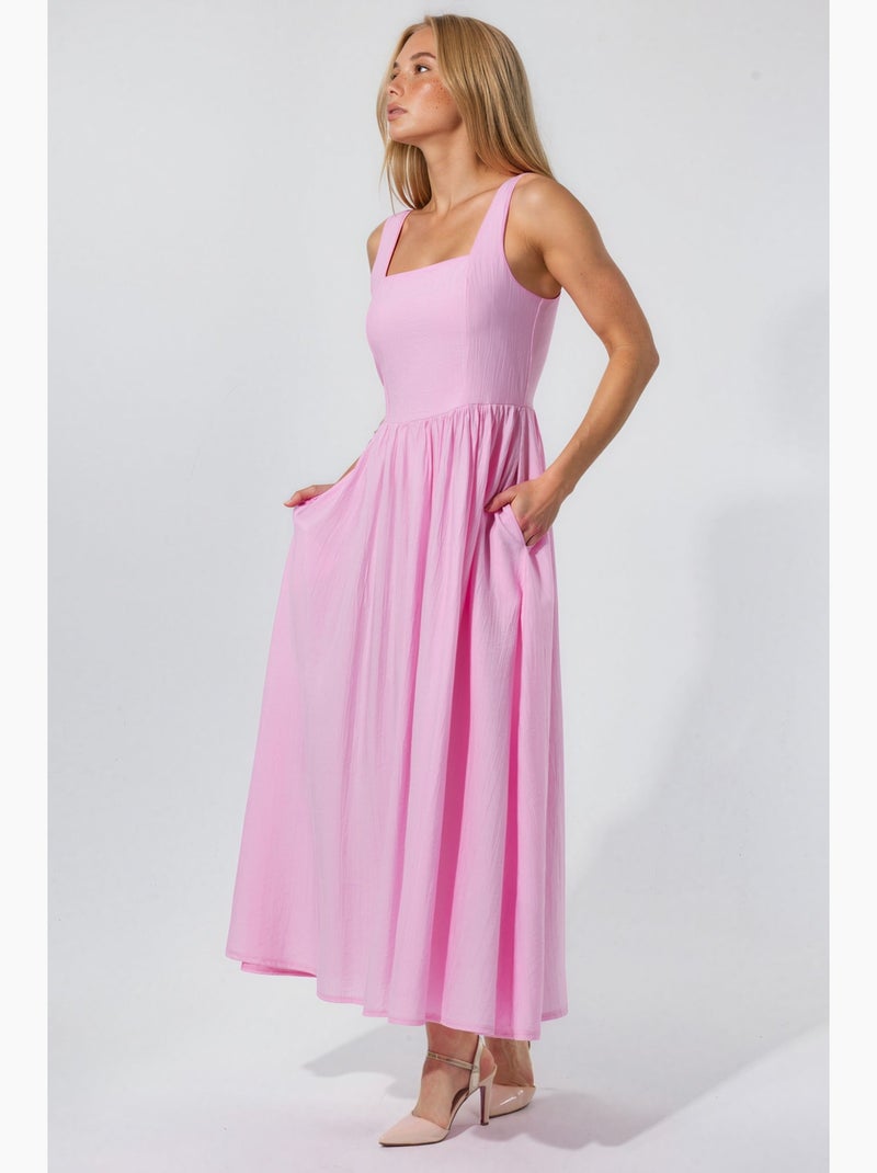 Vestido midi liso com decote quadrado busem Rosa-claro - Kiabi