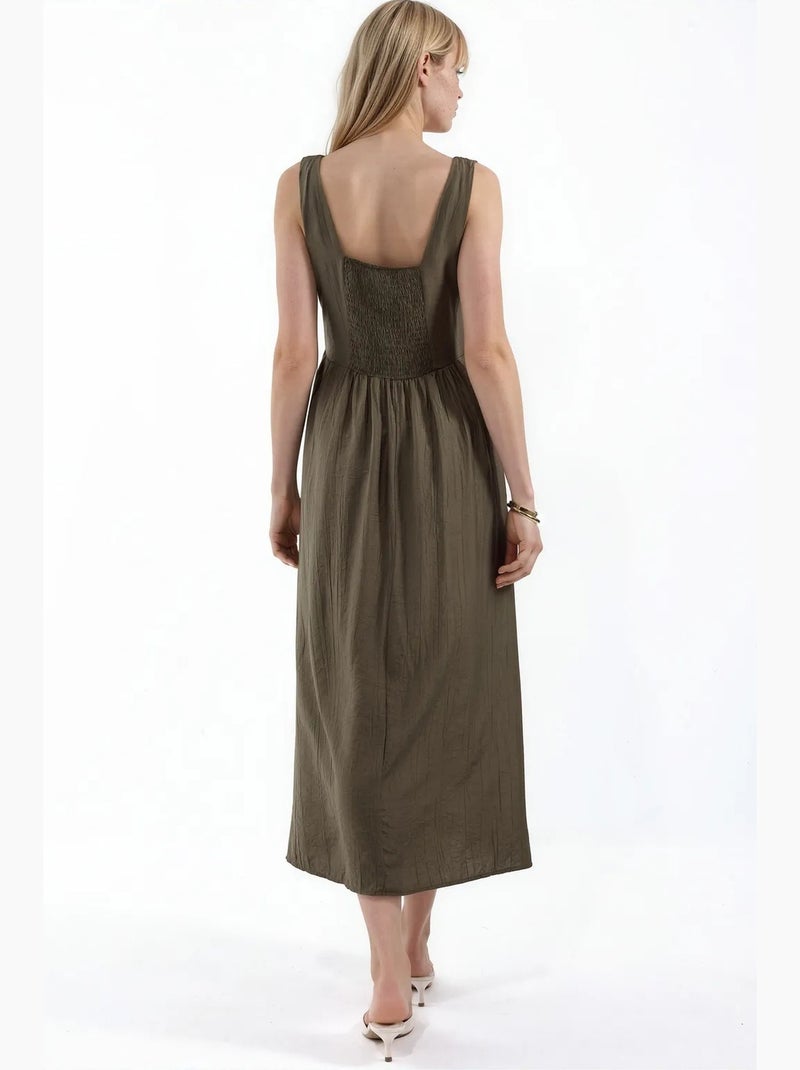 Vestido midi liso com decote quadrado busem Verde cáqui - Kiabi