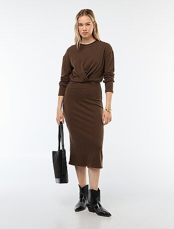 Vestido midi liso de manga comprida