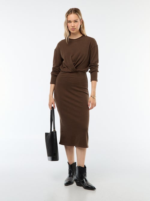 Vestido midi liso de manga comprida - Kiabi