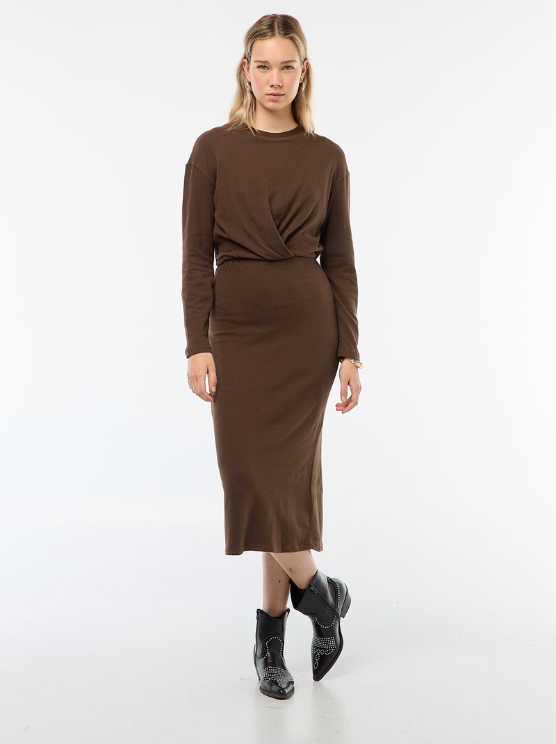 Vestido midi liso de manga comprida Castanho - Kiabi