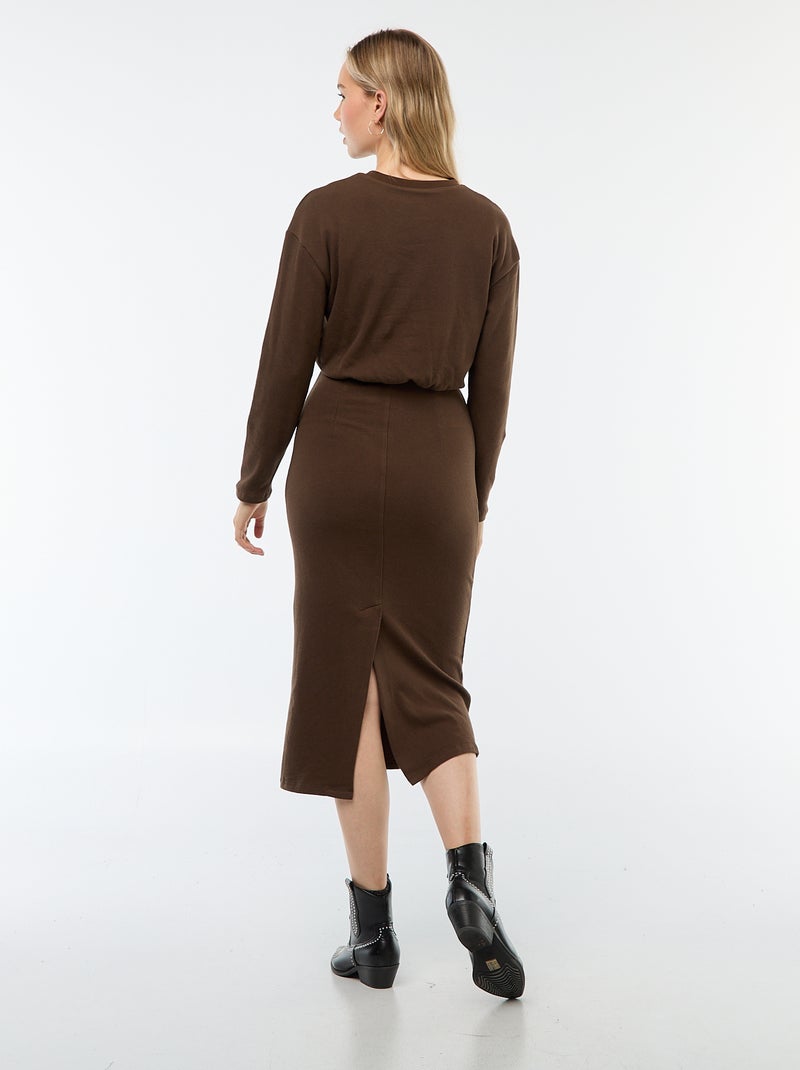 Vestido midi liso de manga comprida Castanho - Kiabi