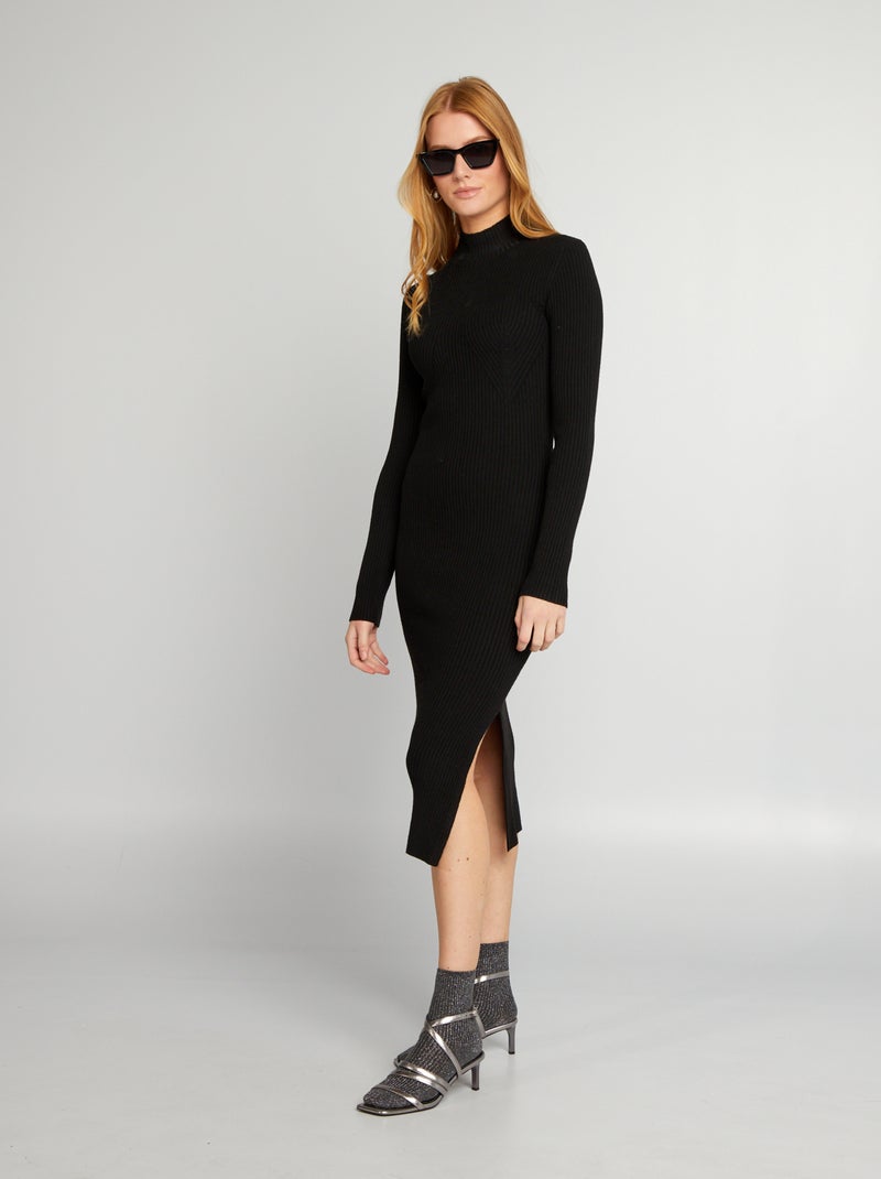 Vestido midi nervurado com gola subida Preto - Kiabi