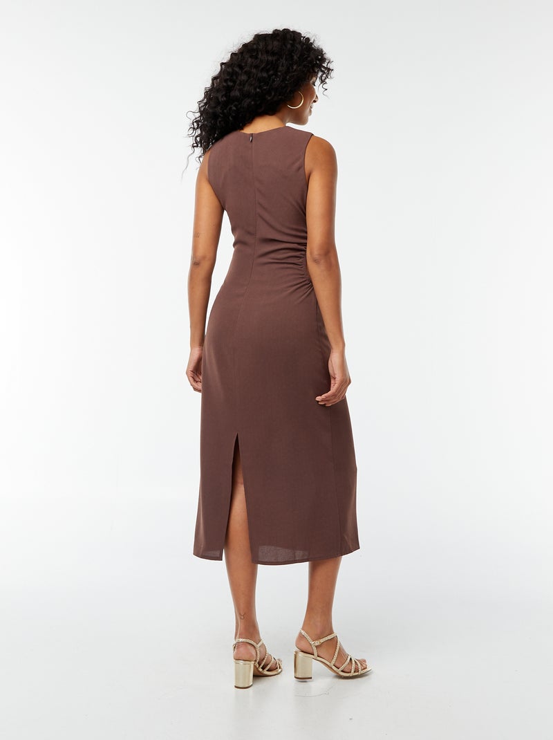 Vestido midi sem mangas ajurado de lado Castanho - Kiabi