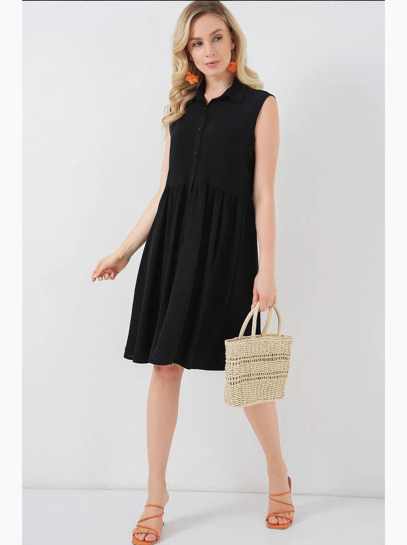 Vestido midi sem mangas com botões e colarinho de camisa bdart Preto - Kiabi