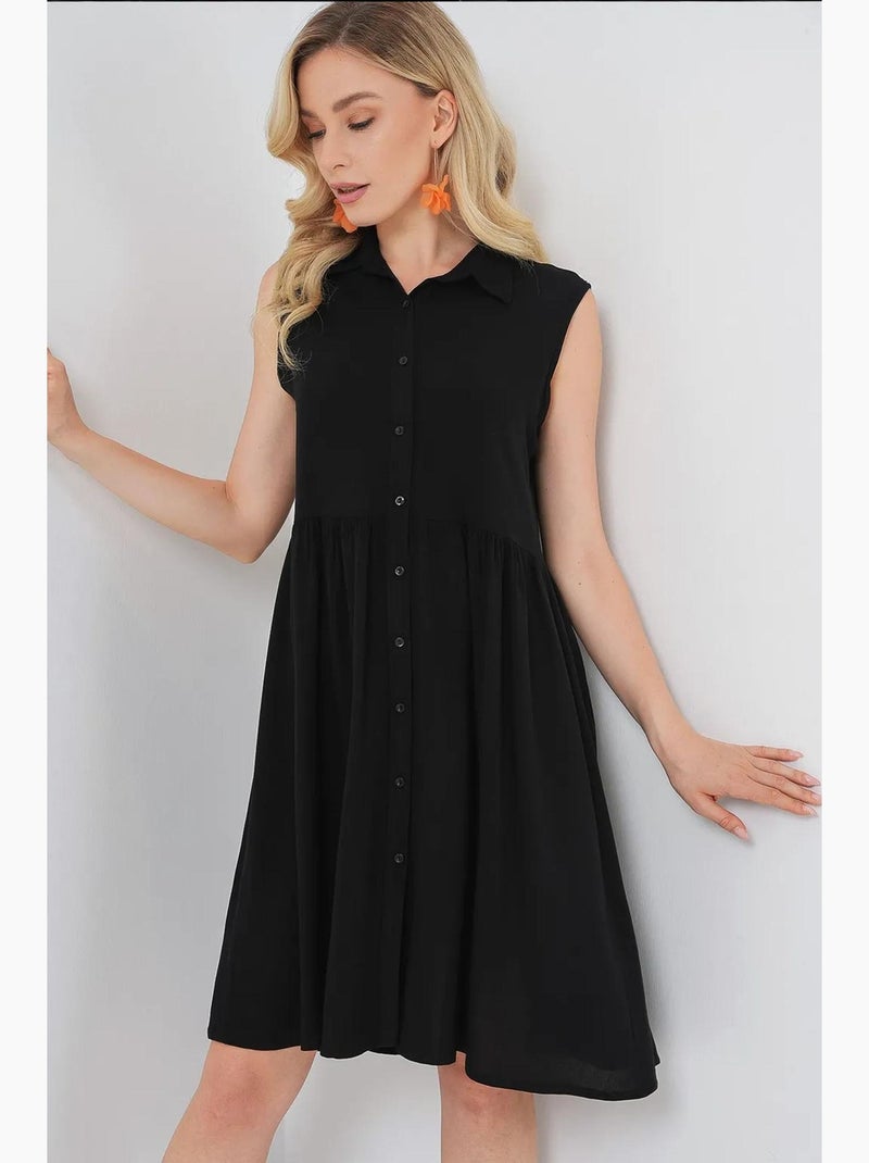 Vestido midi sem mangas com botões e colarinho de camisa bdart Preto - Kiabi