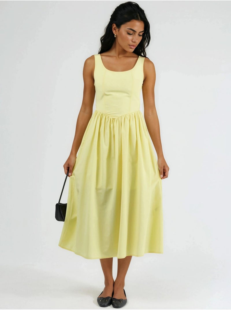 Vestido midi sem mangas com decote arredondado busem Amarelo-limão - Kiabi