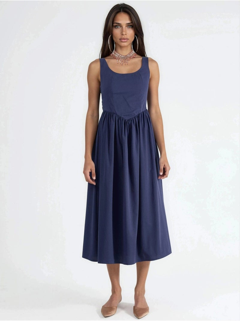 Vestido midi sem mangas com decote arredondado busem Azul-marinho - Kiabi