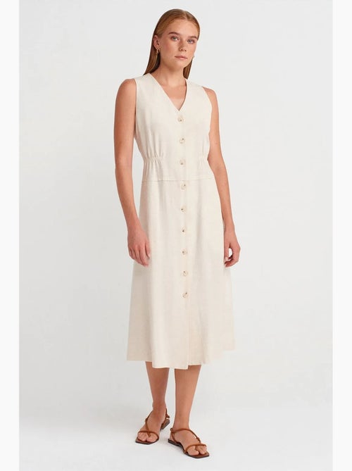 Vestido midi sem mangas com decote em v e botões dilvin - Kiabi Vestido midi sem mangas com decote em v e botões dilvin - Kiabi