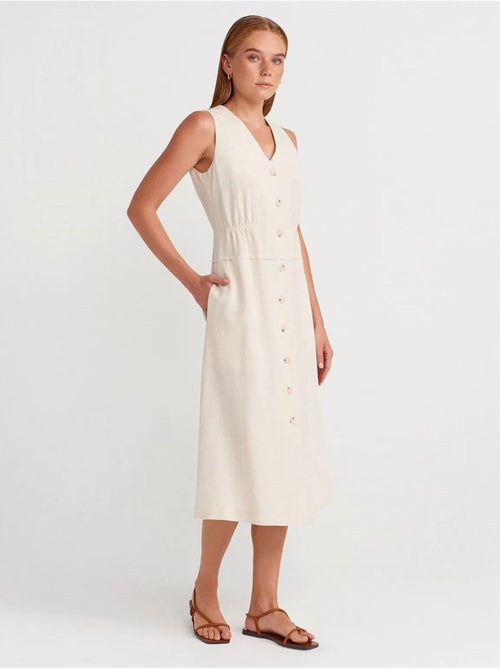 Vestido midi sem mangas com decote em v e botões dilvin - Kiabi Vestido midi sem mangas com decote em v e botões dilvin - Kiabi