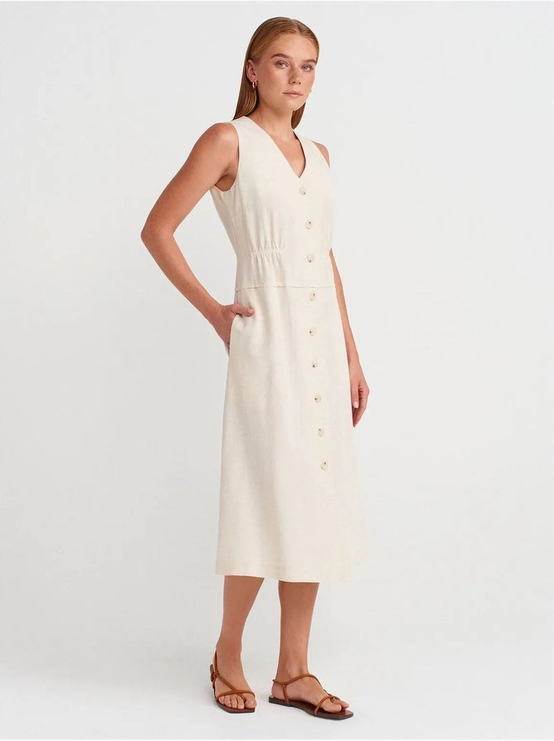 Vestido midi sem mangas com decote em v e botões dilvin Creme - Kiabi