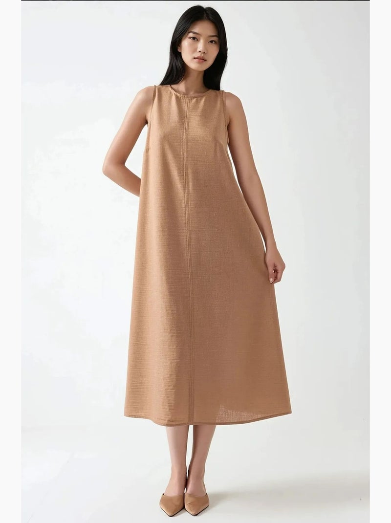 Vestido midi sem mangas com decote redondo efeito linho hiccup Camelo - Kiabi