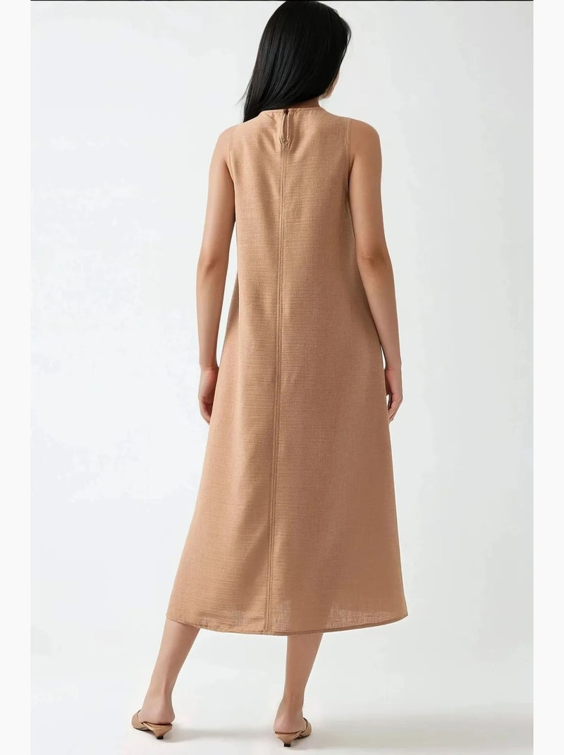 Vestido midi sem mangas com decote redondo efeito linho hiccup Camelo - Kiabi