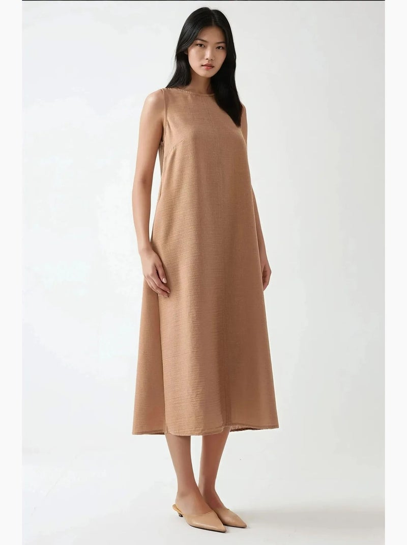 Vestido midi sem mangas com decote redondo efeito linho hiccup Camelo - Kiabi