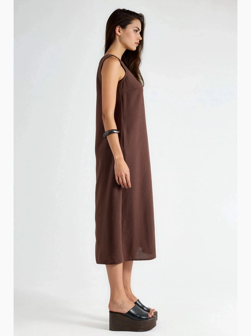Vestido midi sem mangas com decote redondo efeito linho hiccup Castanho-escuro - Kiabi