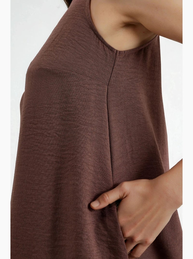 Vestido midi sem mangas com decote redondo efeito linho hiccup Castanho-escuro - Kiabi