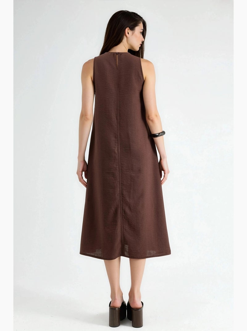 Vestido midi sem mangas com decote redondo efeito linho hiccup Castanho-escuro - Kiabi