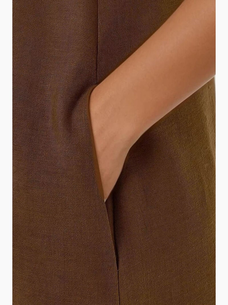 Vestido midi sem mangas com decote redondo efeito linho hiccup Castanho - Kiabi