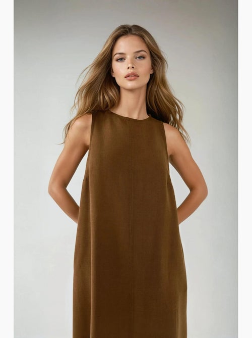 Vestido midi sem mangas com decote redondo efeito linho hiccup - Kiabi