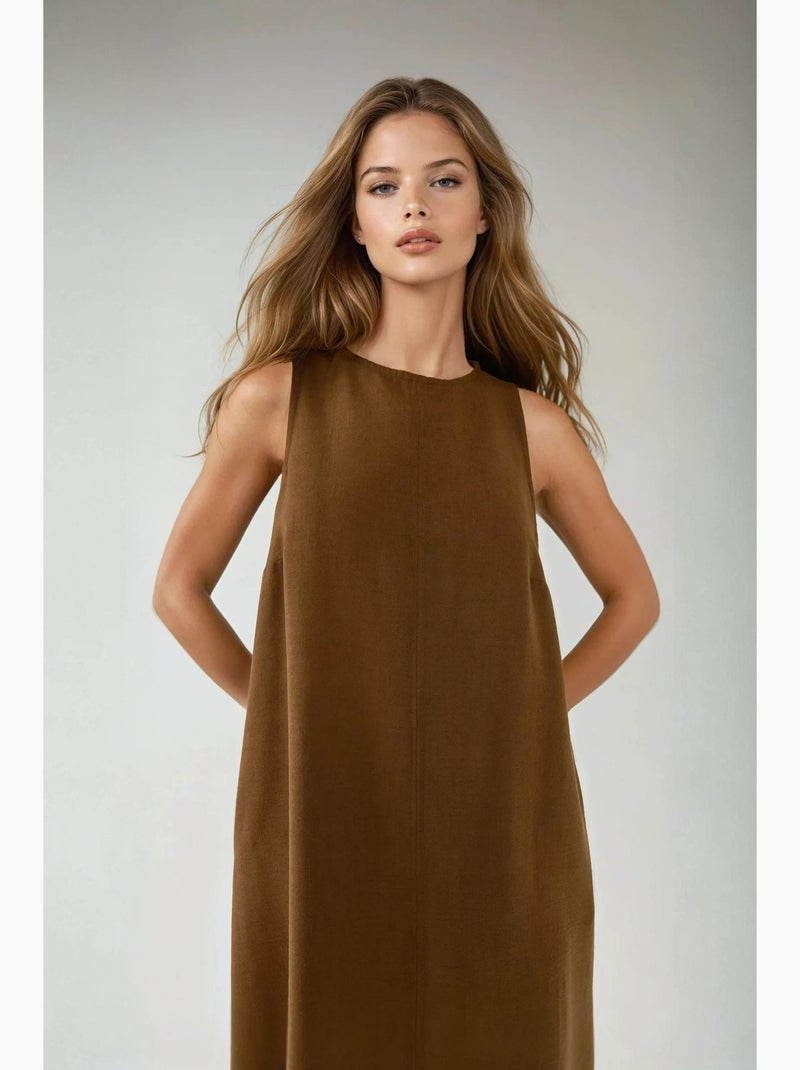 Vestido midi sem mangas com decote redondo efeito linho hiccup Castanho - Kiabi