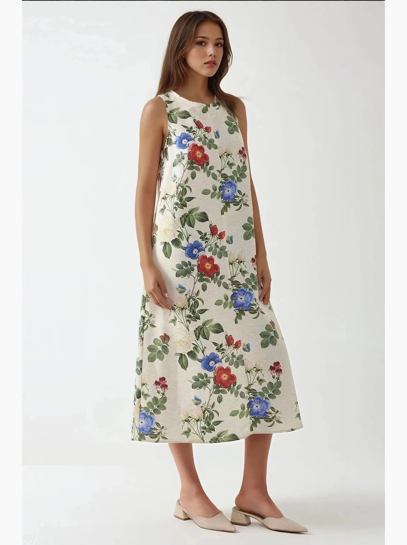 Vestido midi sem mangas com decote redondo efeito linho hiccup Creme - Kiabi
