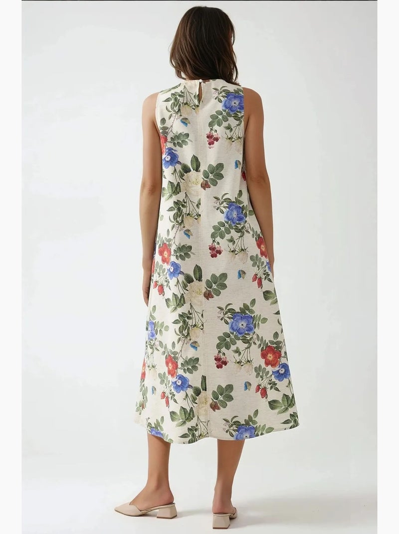 Vestido midi sem mangas com decote redondo efeito linho hiccup Creme - Kiabi