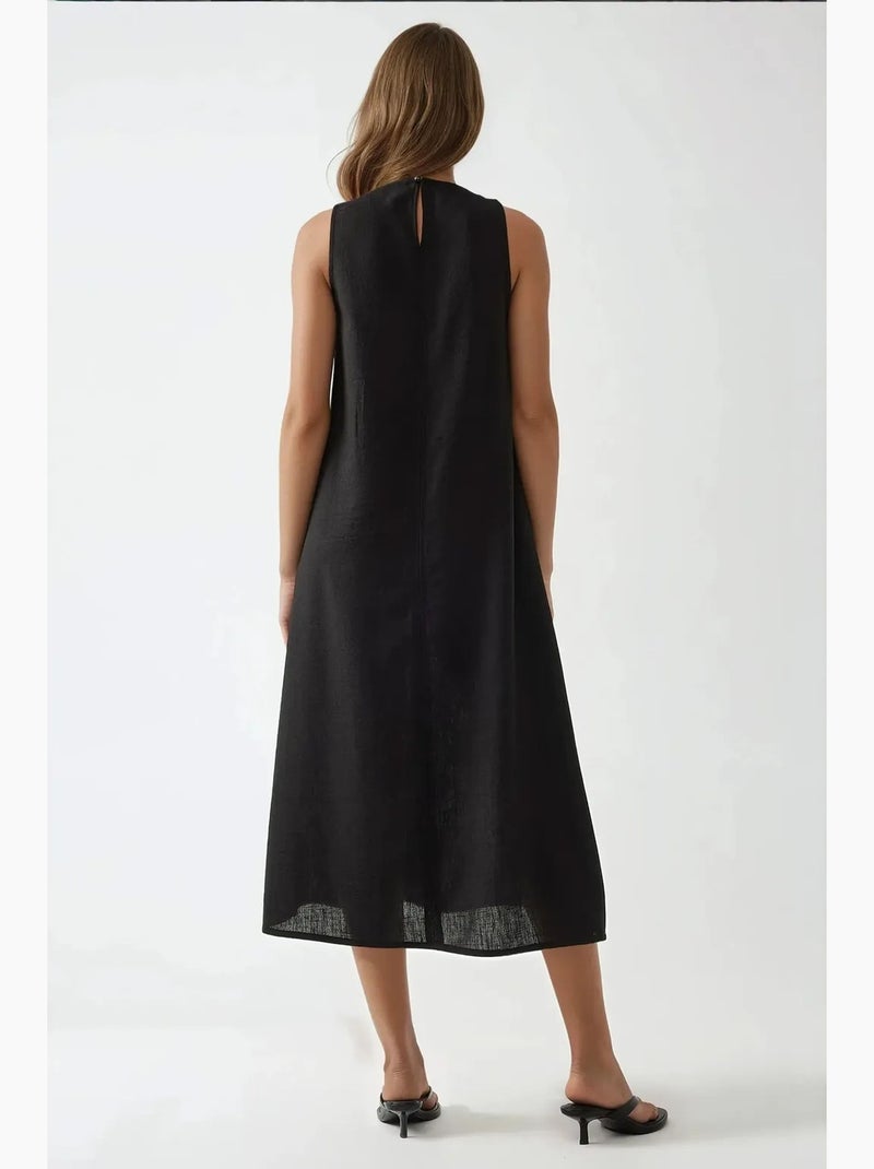 Vestido midi sem mangas com decote redondo efeito linho hiccup Preto - Kiabi