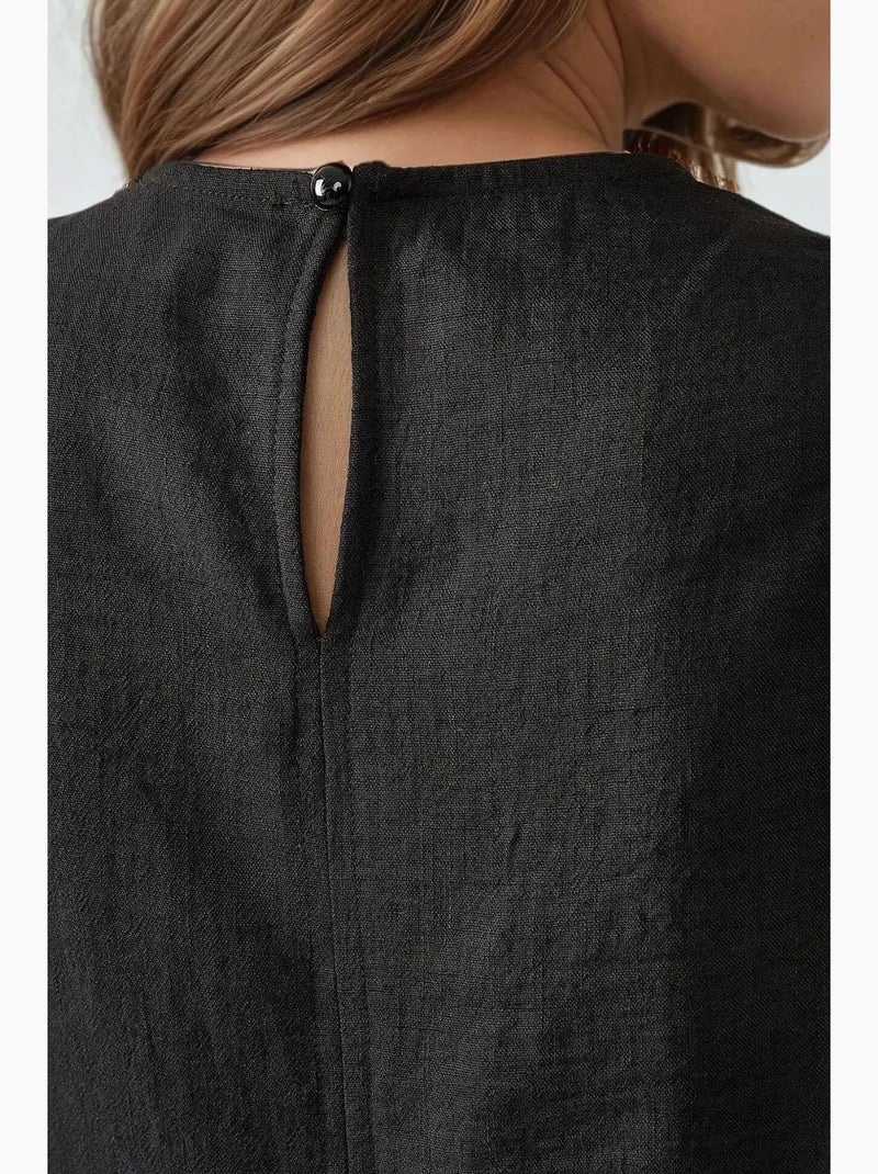 Vestido midi sem mangas com decote redondo efeito linho hiccup Preto - Kiabi