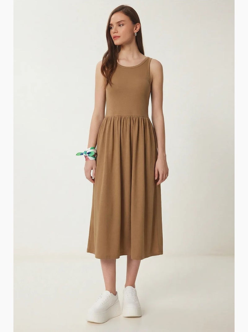 Vestido midi sem mangas com decote redondo istanbul Bege claro - Kiabi