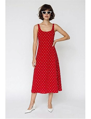 Vestido midi sem mangas de bolinhas com detalhe de amarração lucci
