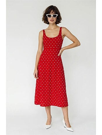 Vestido midi sem mangas de bolinhas com detalhe de amarração lucci
