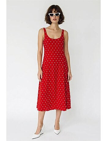 Vestido midi sem mangas de bolinhas com detalhe de amarração lucci