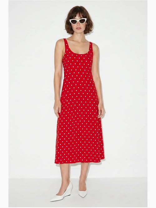 Vestido midi sem mangas de bolinhas com detalhe de amarração lucci - Kiabi Vestido midi sem mangas de bolinhas com detalhe de amarração lucci - Kiabi