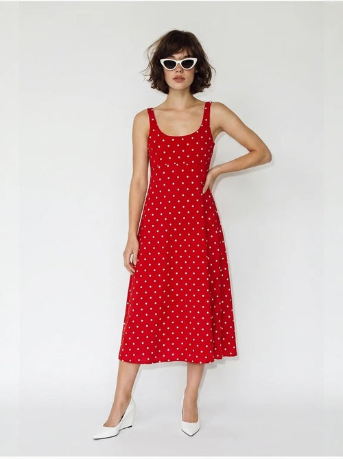 Vestido midi sem mangas de bolinhas com detalhe de amarração lucci - Kiabi Vestido midi sem mangas de bolinhas com detalhe de amarração lucci - Kiabi