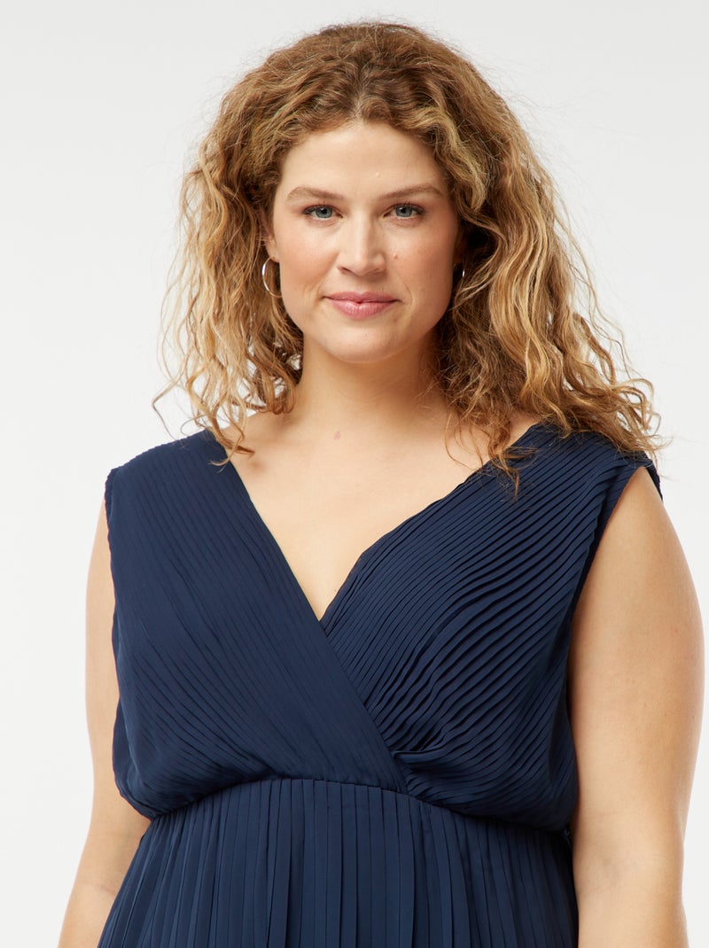 Vestido midi sem mangas em tecido plissado AZUL - Kiabi
