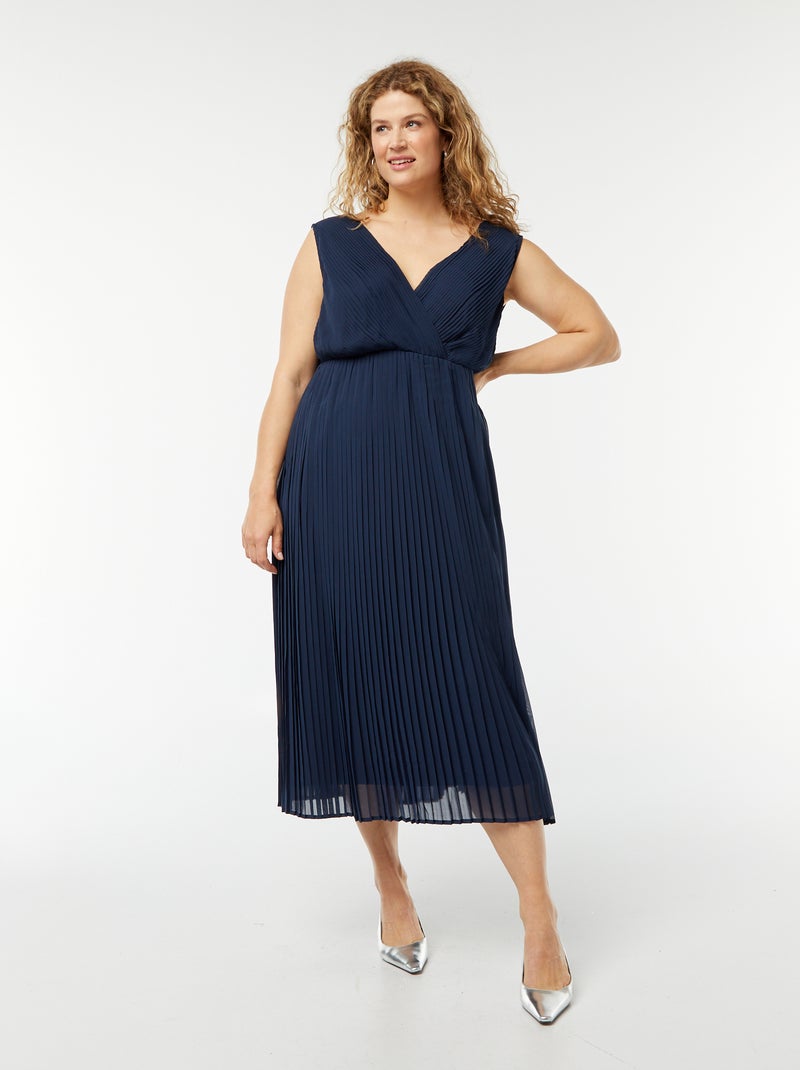 Vestido midi sem mangas em tecido plissado AZUL - Kiabi