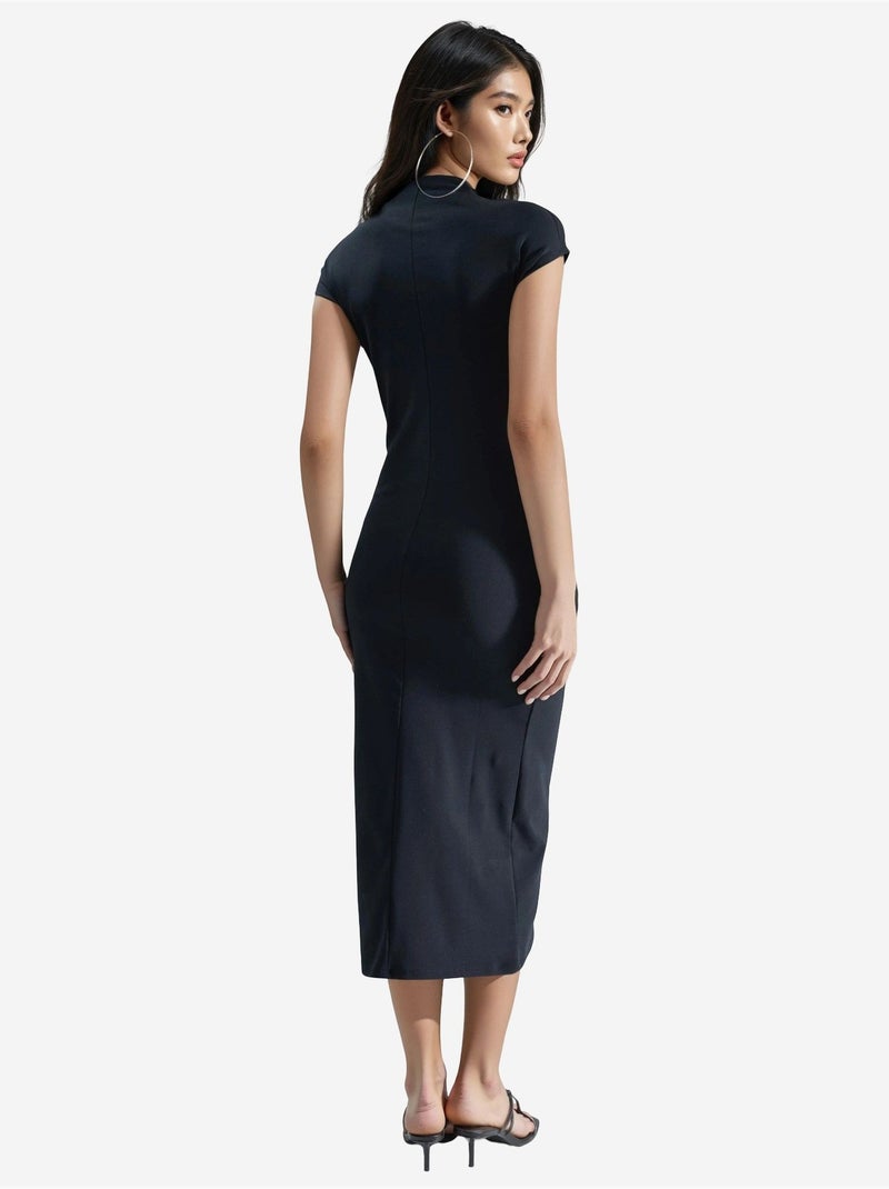 Vestido midi slim fit com decote redondo busem Preto - Kiabi