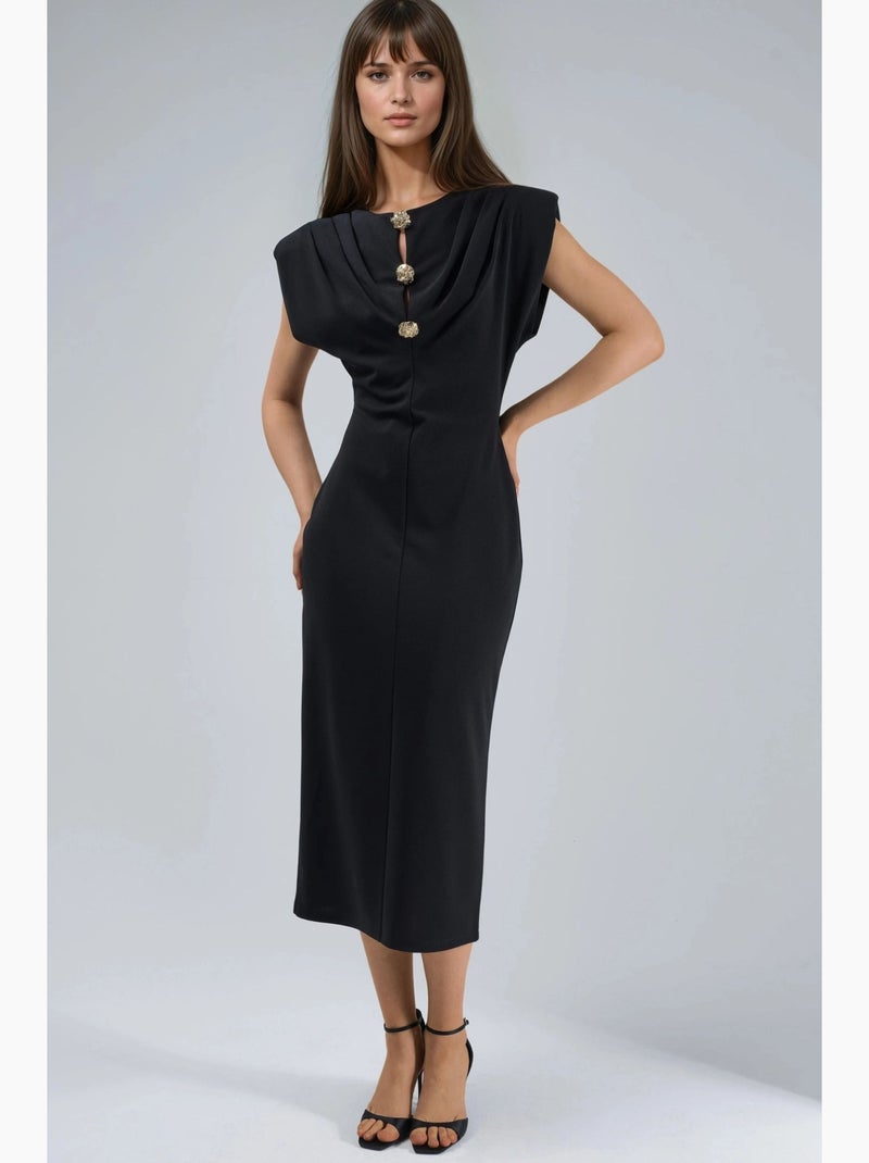 Vestido midi slim fit com detalhe de acessório busem Preto - Kiabi