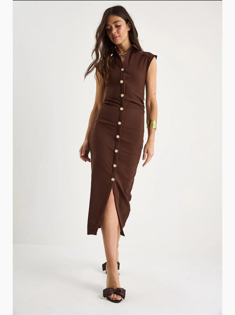 Vestido midi slim fit com gola tippet e fecho de botões lucci Castanho-escuro - Kiabi