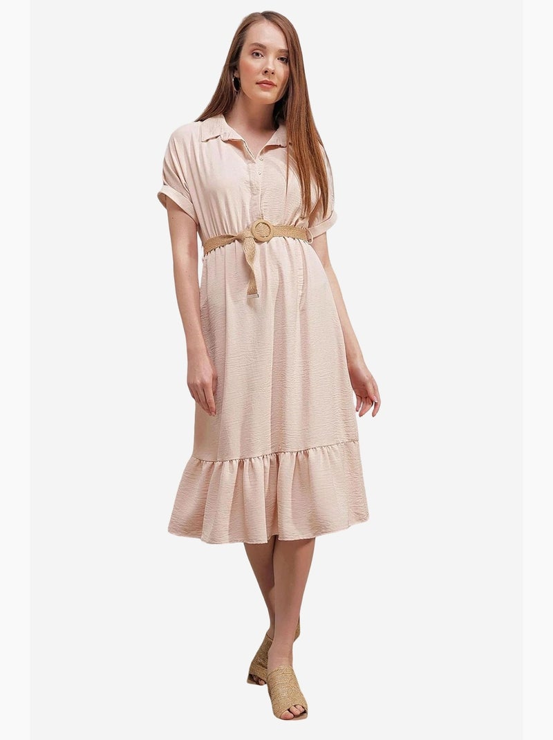 Vestido midi texturizado com cinto e colarinho de camisa bdart Creme - Kiabi
