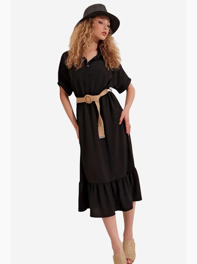 Vestido midi texturizado com cinto e colarinho de camisa bdart Preto - Kiabi