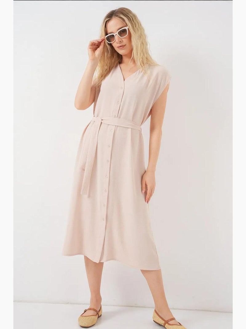 Vestido midi texturizado com decote em v e fecho de botões bdart Creme - Kiabi