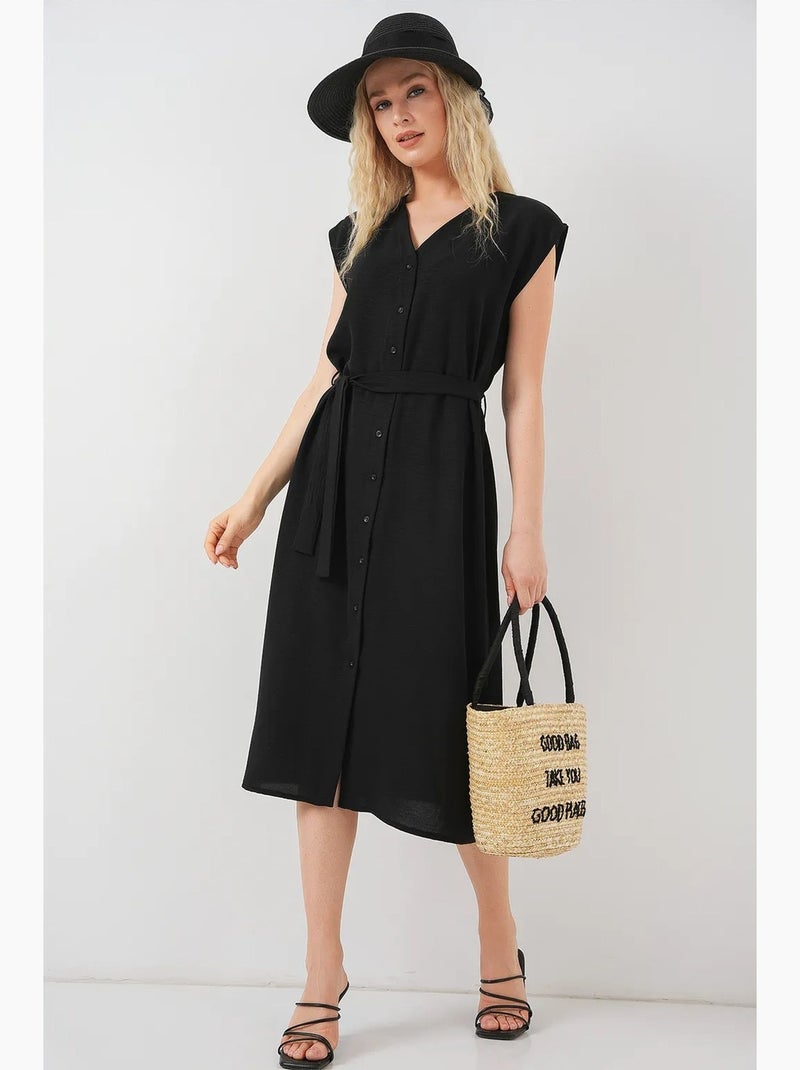 Vestido midi texturizado com decote em v e fecho de botões bdart Preto - Kiabi