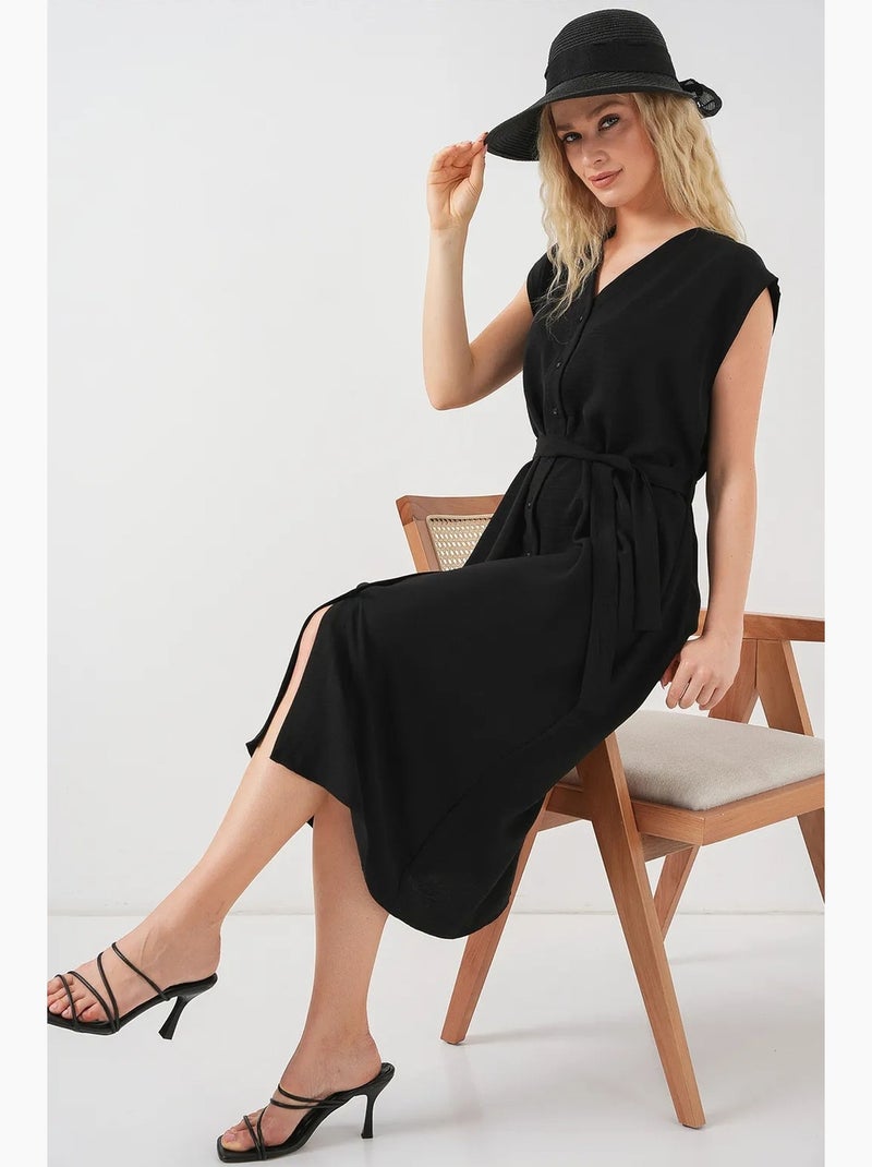Vestido midi texturizado com decote em v e fecho de botões bdart Preto - Kiabi