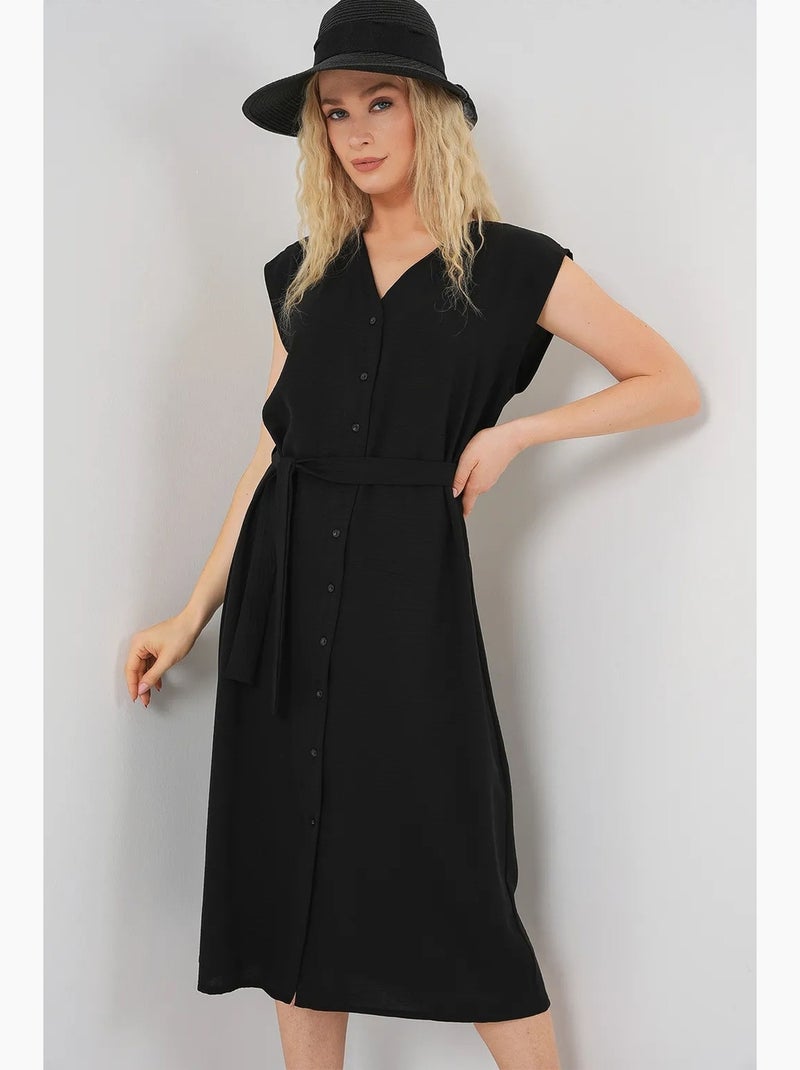 Vestido midi texturizado com decote em v e fecho de botões bdart Preto - Kiabi
