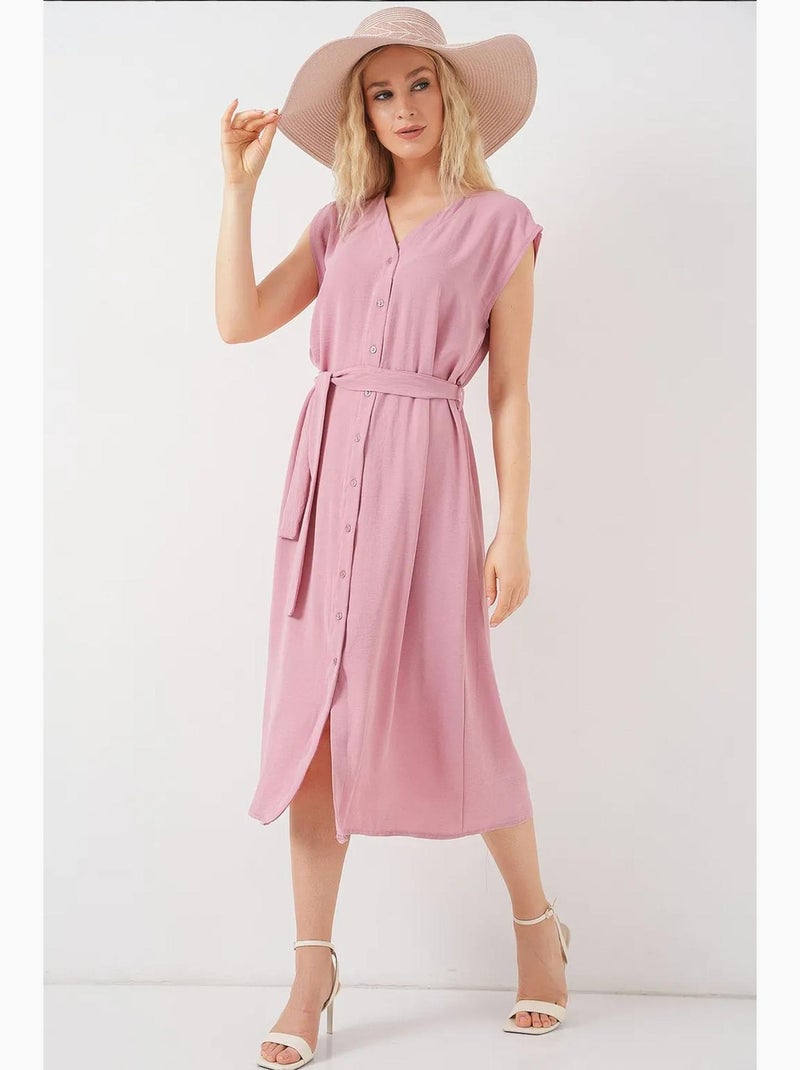 Vestido midi texturizado com decote em v e fecho de botões bdart Rosa-pálido - Kiabi