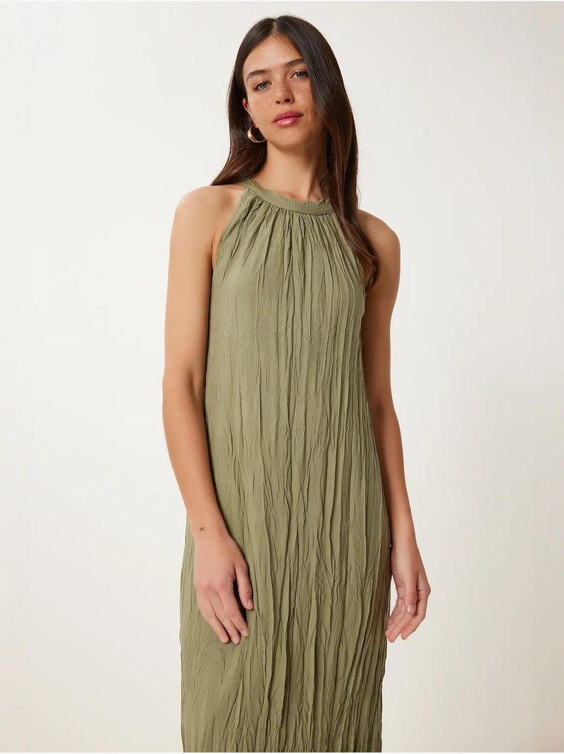 Vestido midi texturizado com decote halter istanbul Cáqui - Kiabi