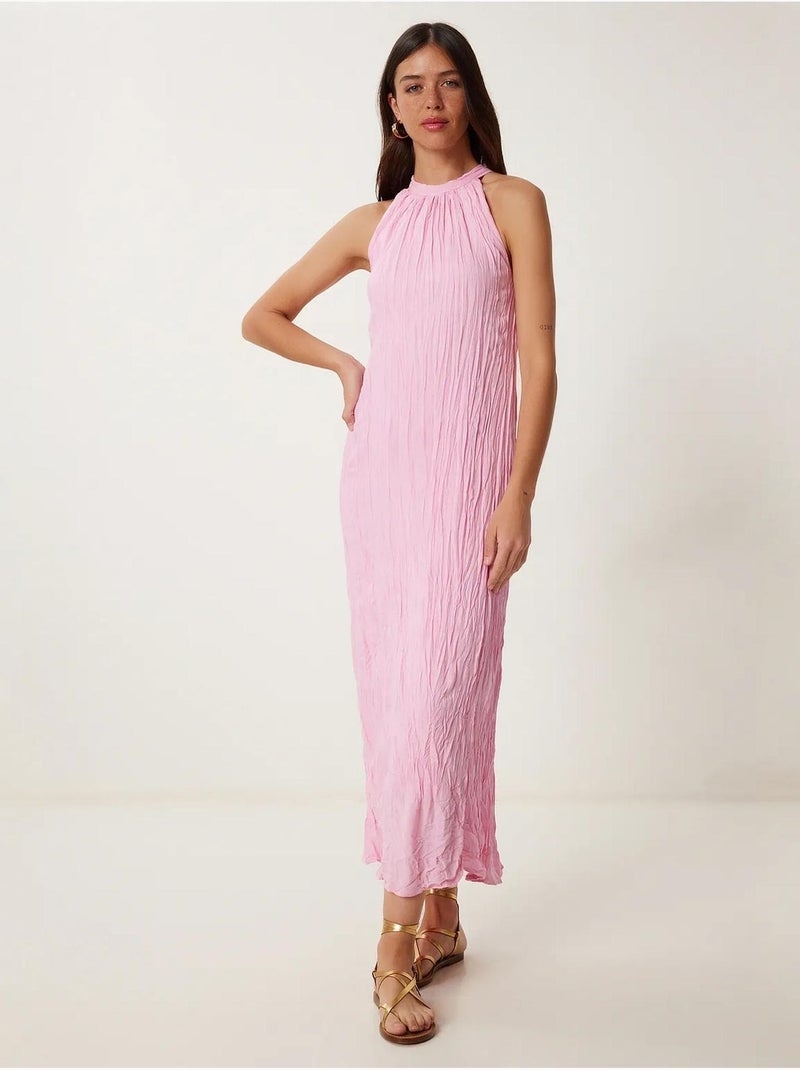 Vestido midi texturizado com decote halter istanbul Rosa-claro - Kiabi