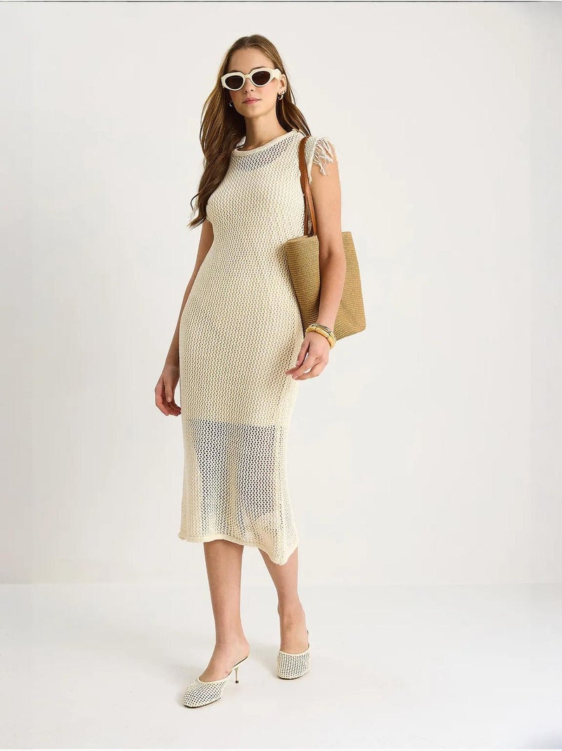 Vestido midi texturizado com detalhe de folhos lucci Marfim - Kiabi